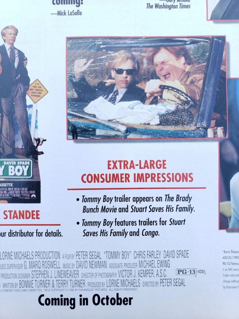 Movie advertisement featuring comedic car scene.