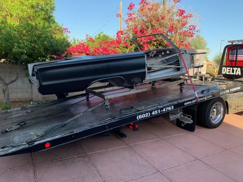 Car frame on a tow truck.