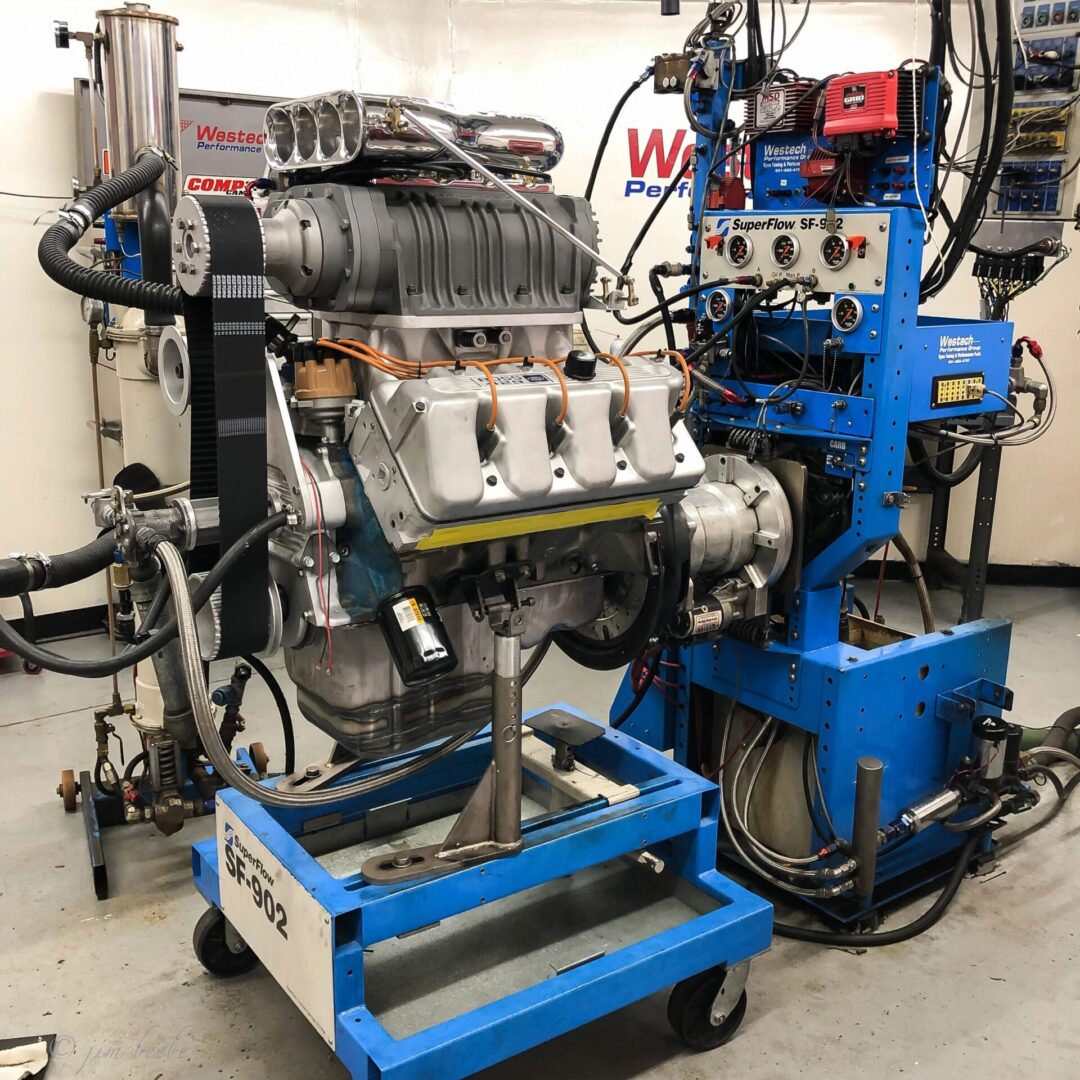 Engine testing setup with machinery and equipment.