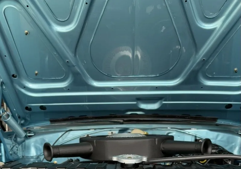 Car engine under open blue hood.