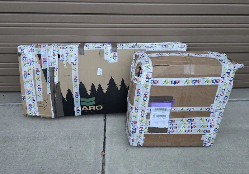 Two cardboard boxes sealed with eBay tape.