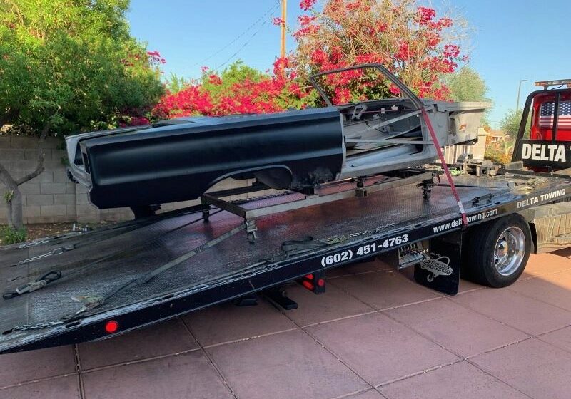 Car frame on a tow truck.