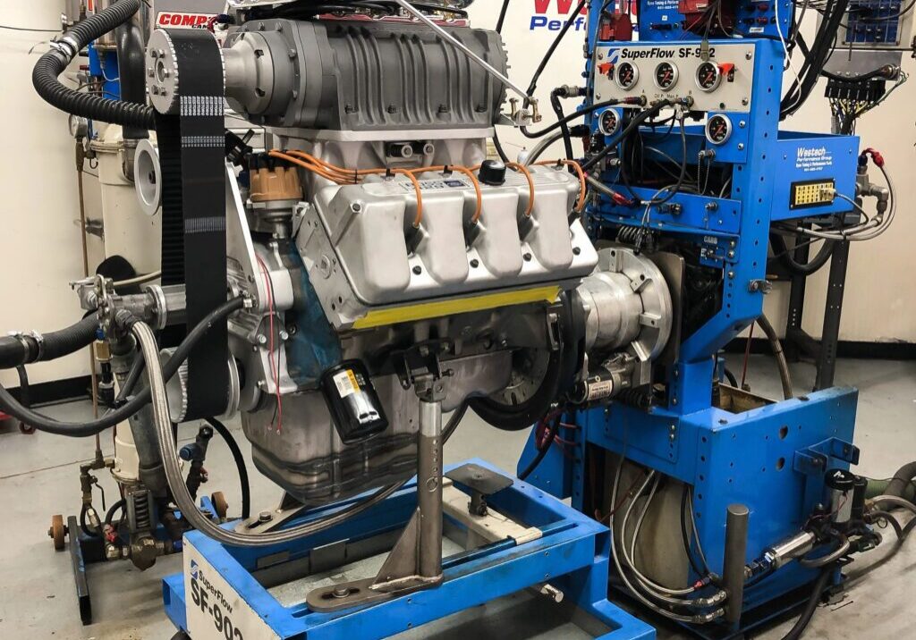 Engine testing setup with machinery and equipment.