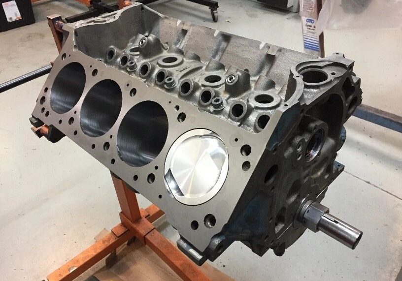 Engine block on a workshop stand.